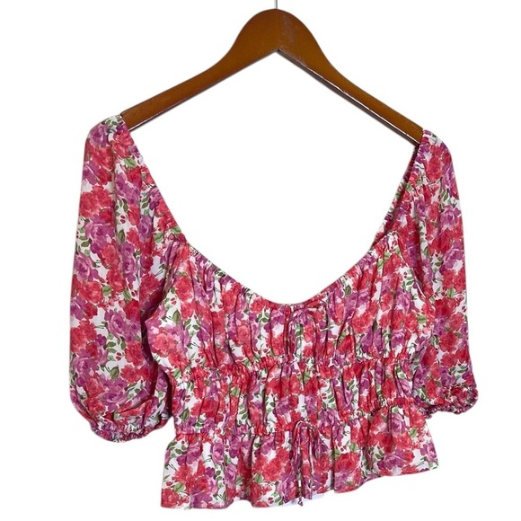 WAYF Avra Pink Red Floral Sweetheart Neckline Cottage Core Peplum Top sz L NWT - Picture 5 of 9